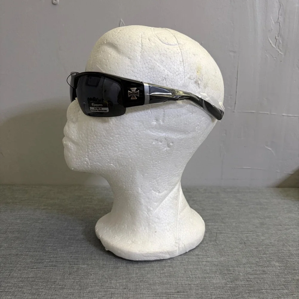 Choppers Sunglasses Mens OS Black Gloss Wrap Biker UV400 Cross Logo 8CP6793